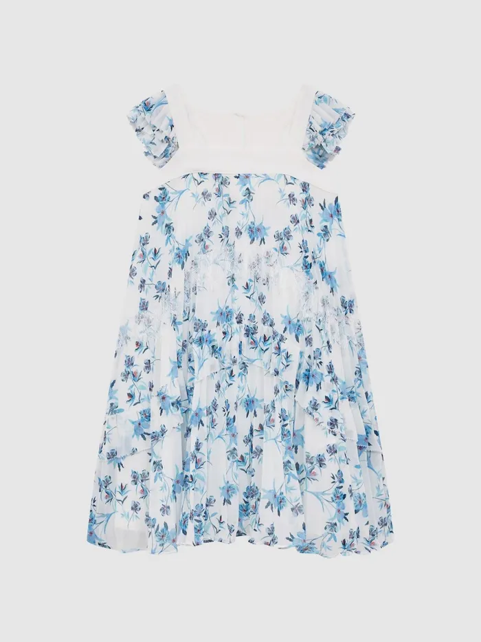 Children Aster Floral Printed Pleated Dress Blue Print Reiss Dresses and Jumpsuits