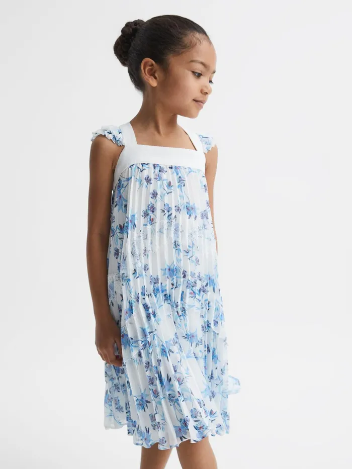 Children Aster Floral Printed Pleated Dress Blue Print Reiss Dresses and Jumpsuits