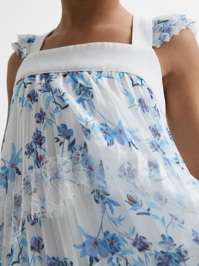Children Aster Floral Printed Pleated Dress Blue Print Reiss Dresses and Jumpsuits