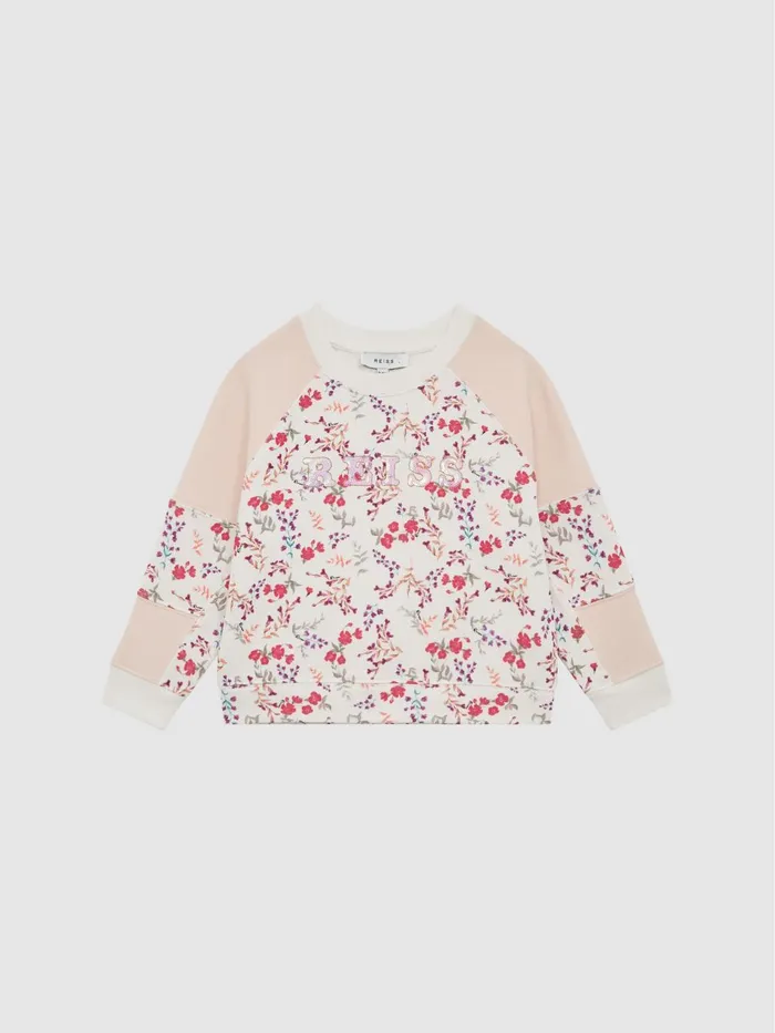 Children Billy Floral Printed Crew Neck Jumper Pink Print Reiss Sweats and Hoodies