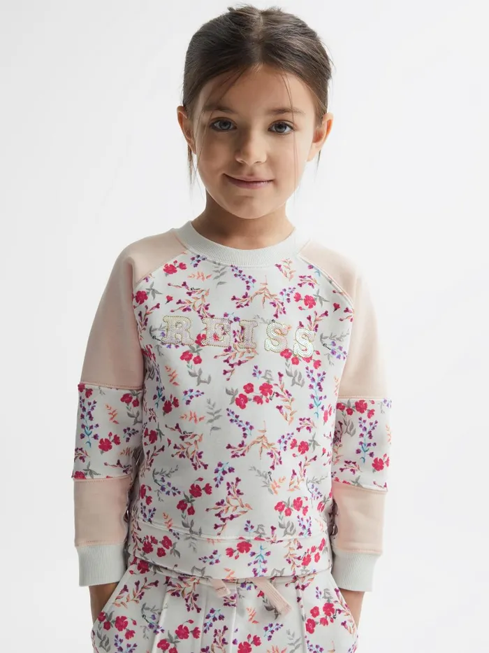 Children Billy Floral Printed Crew Neck Jumper Pink Print Reiss Sweats and Hoodies