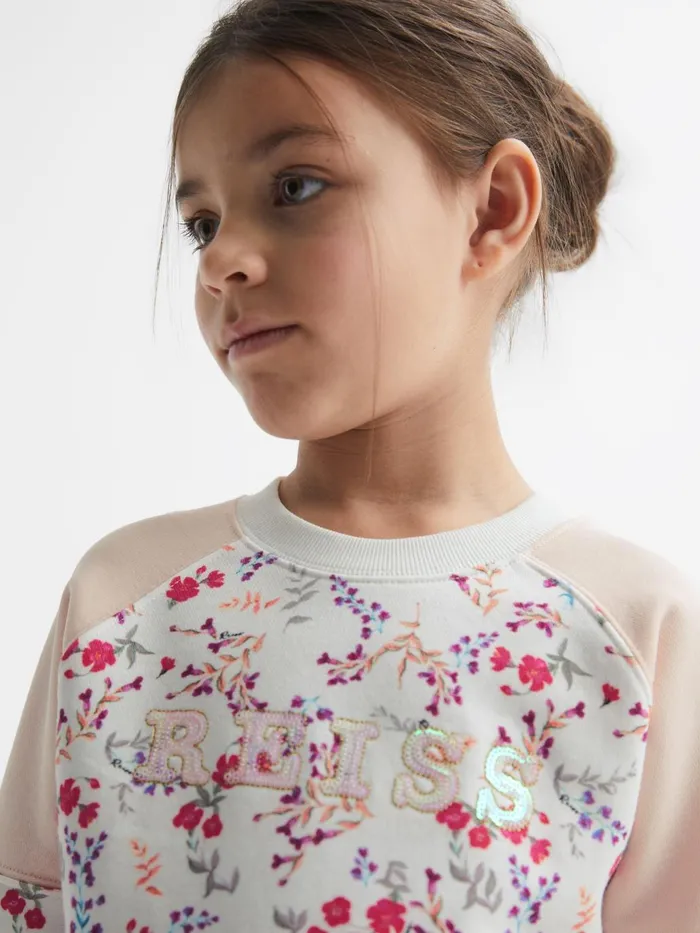 Children Billy Floral Printed Crew Neck Jumper Pink Print Reiss Sweats and Hoodies