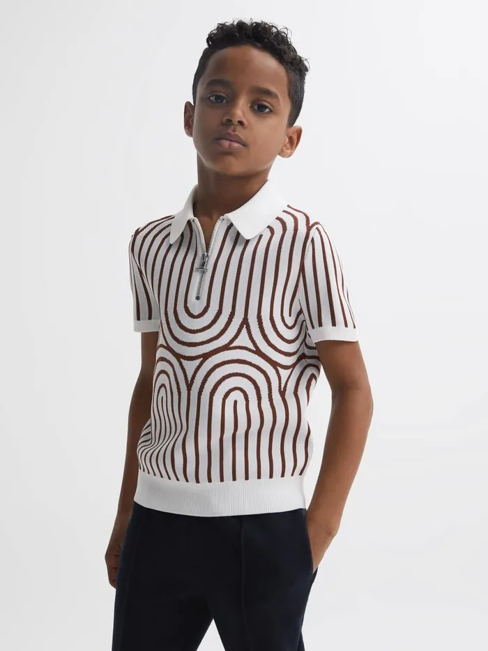 Children Maycross HalfZip Striped Polo TShirt Whitebrown Reiss Knitwear
