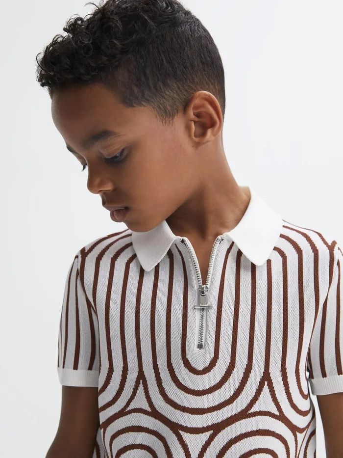 Children Maycross HalfZip Striped Polo TShirt Whitebrown Reiss Knitwear