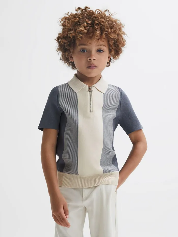 Children Milton HalfZip Striped Polo TShirt Airforce Blueecru Reiss Knitwear