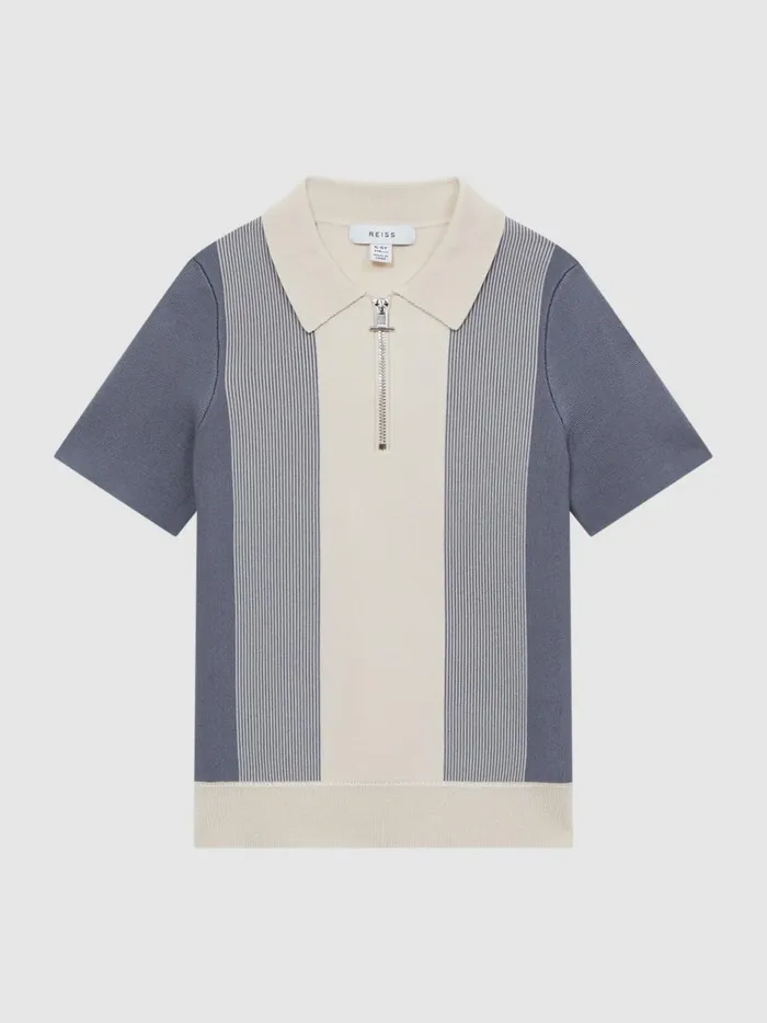 Children Milton HalfZip Striped Polo TShirt Airforce Blueecru Reiss Knitwear