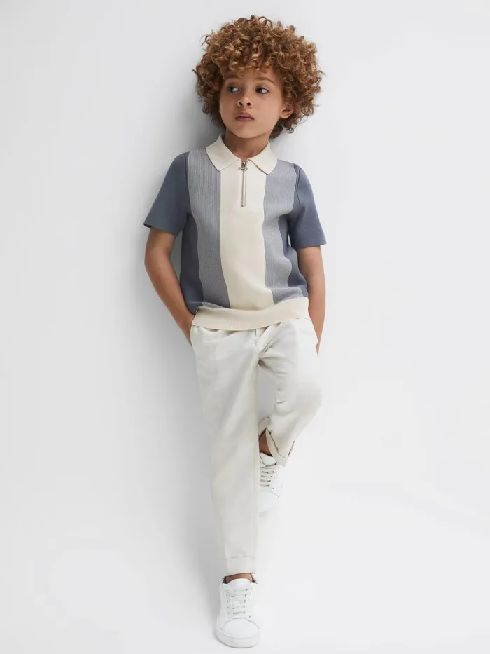 Children Milton HalfZip Striped Polo TShirt Airforce Blueecru Reiss Knitwear