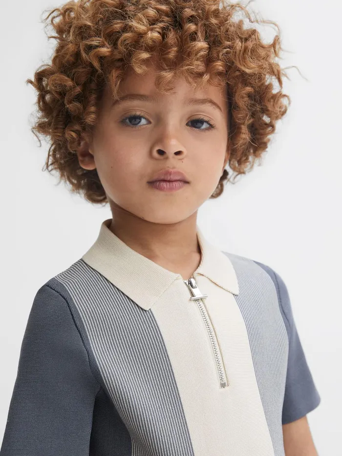 Children Milton HalfZip Striped Polo TShirt Airforce Blueecru Reiss Knitwear