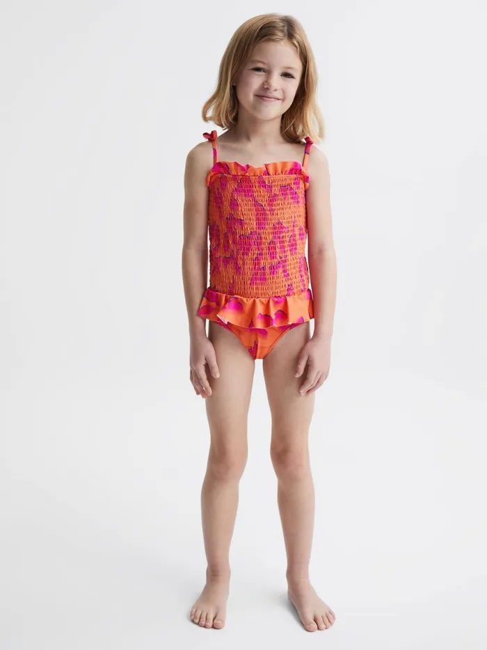 Children Nelli Floral Swimsuit Orange Print Reiss Swimwear