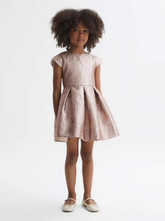 Children Nia Metallic Cap Sleeve Dress Gold Reiss Dresses and Jumpsuits