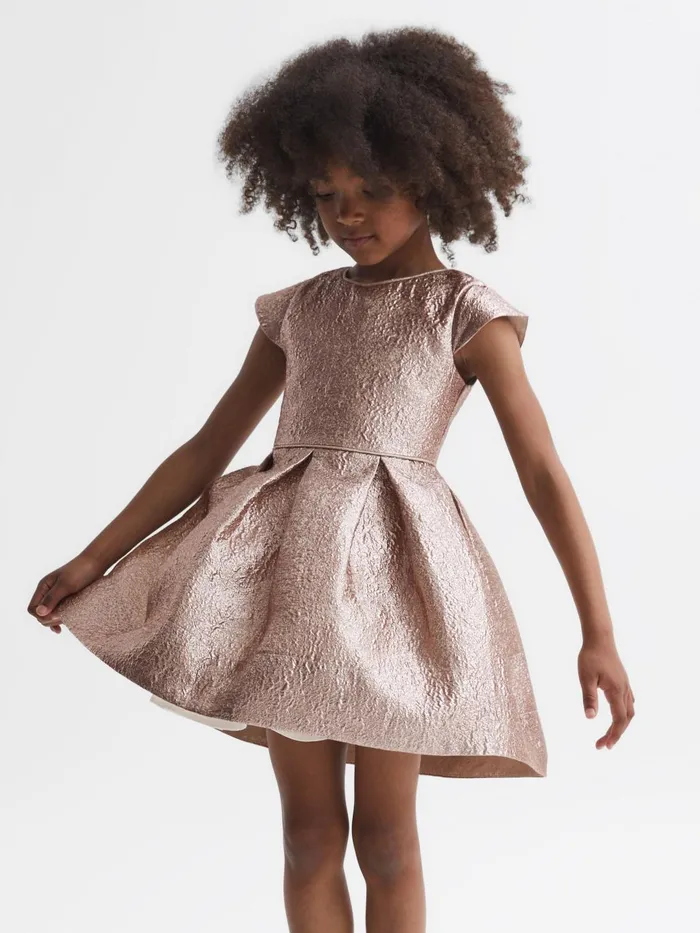 Children Nia Metallic Cap Sleeve Dress Gold Reiss Dresses and Jumpsuits