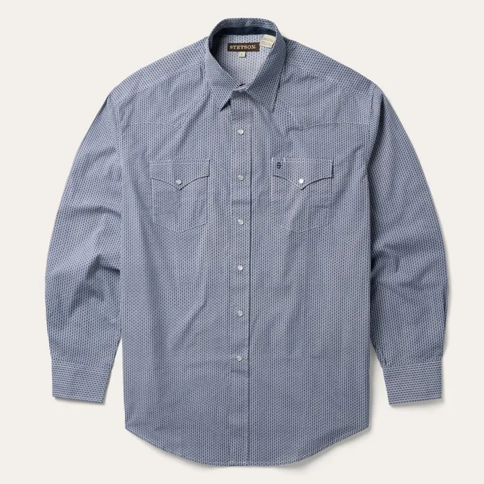 Classic Cut Men Stetson Blue Deco Geo Print Western Shirt Blue