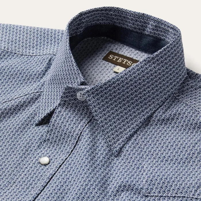 Classic Cut Men Stetson Blue Deco Geo Print Western Shirt Blue