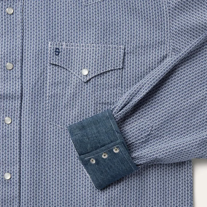 Classic Cut Men Stetson Blue Deco Geo Print Western Shirt Blue