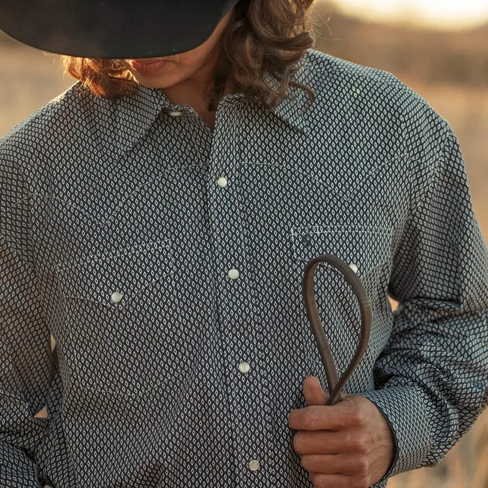 Classic Cut Men Stetson Diamond Geo Western Shirt Blue