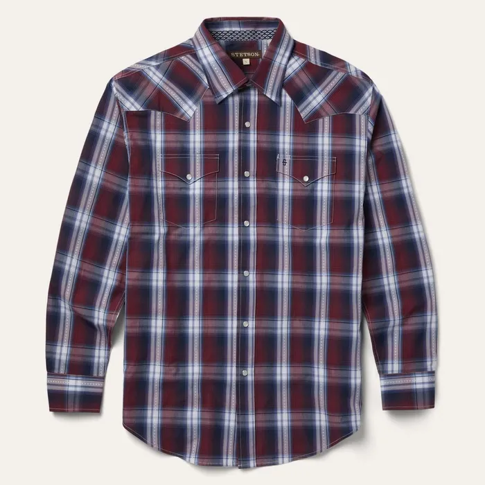 Classic Cut Men Stetson Good Luck Plaid Western Shirt Wine