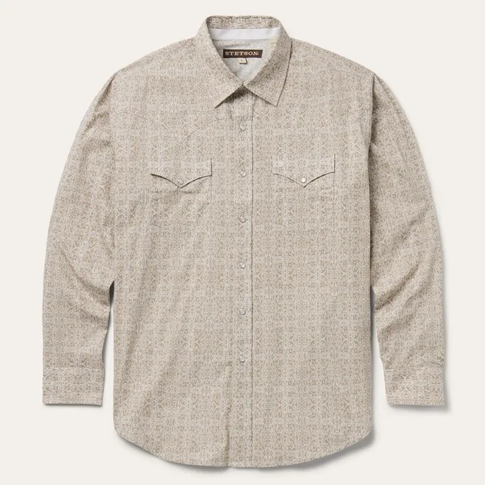 Classic Cut Men Stetson Medallion Print Western Shirt Brown