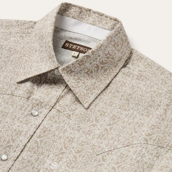 Classic Cut Men Stetson Medallion Print Western Shirt Brown