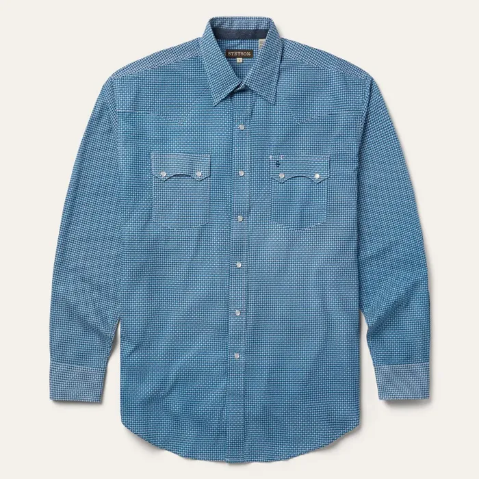 Classic Cut Men Stetson Micro Print Western Shirt Blue