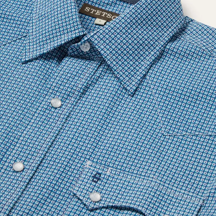 Classic Cut Men Stetson Micro Print Western Shirt Blue