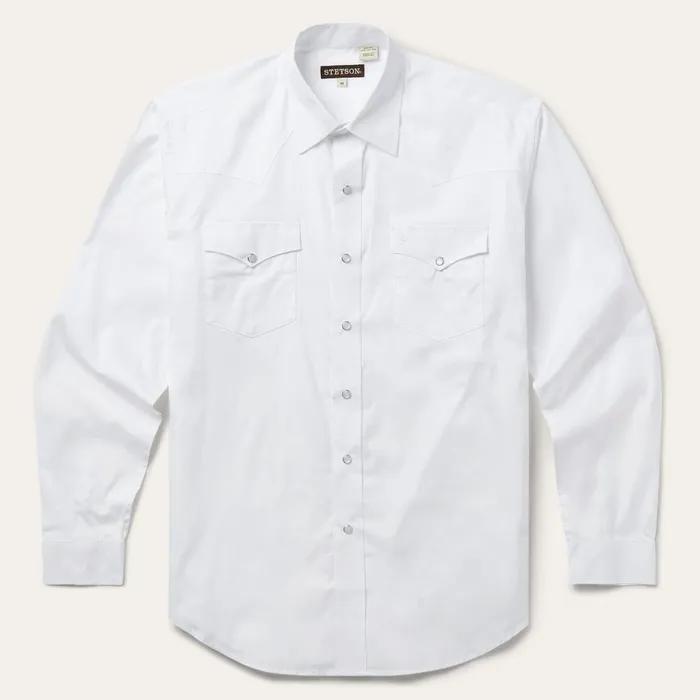 Classic Cut Men Stetson White Pinpoint Oxford Western Shirt White