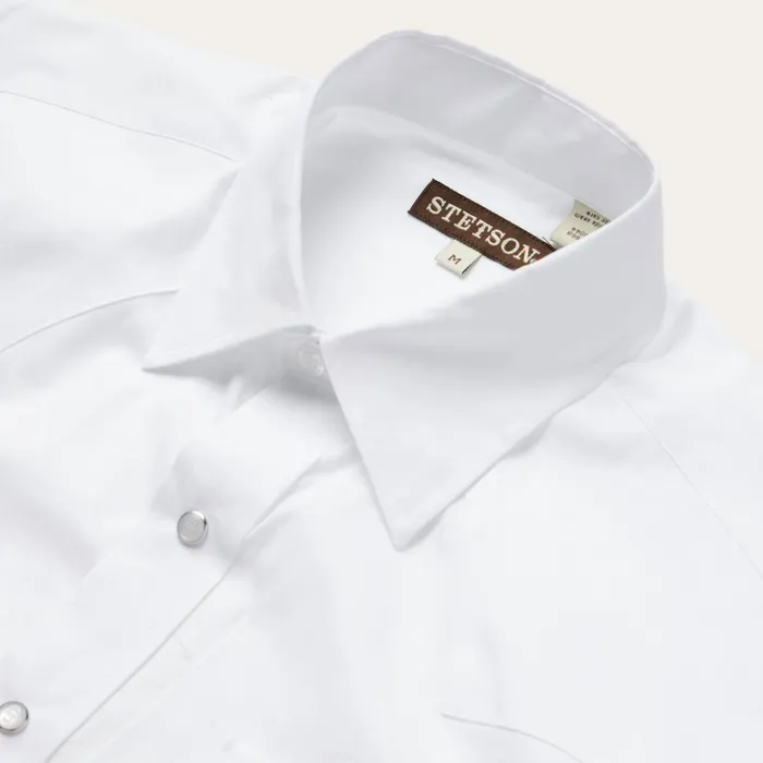 Classic Cut Men Stetson White Pinpoint Oxford Western Shirt White
