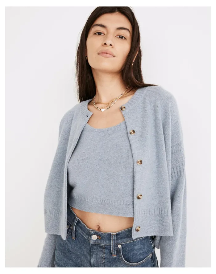 Clemence Cropped Cardigan Sweater Heather Cornflower Women Madewell Sweaters