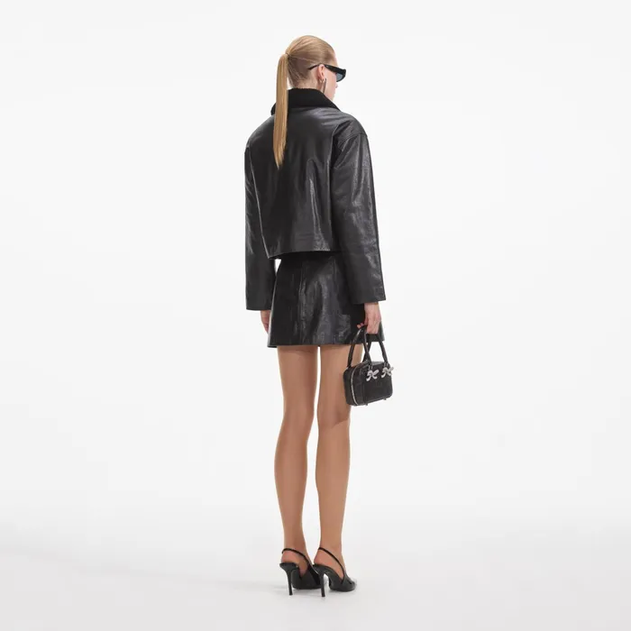 CoOrds Women Self Portrait Black Leather Shearling Jacket