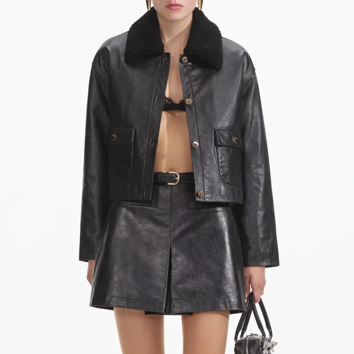 CoOrds Women Self Portrait Black Leather Shearling Jacket