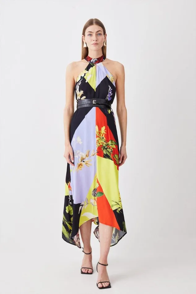 Colour Block Floral Halter Neck Woven Midi Dress Multi Women Karen Millen Dresses