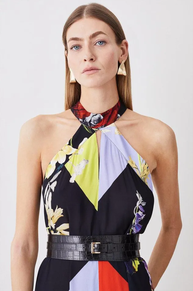 Colour Block Floral Halter Neck Woven Midi Dress Multi Women Karen Millen Dresses