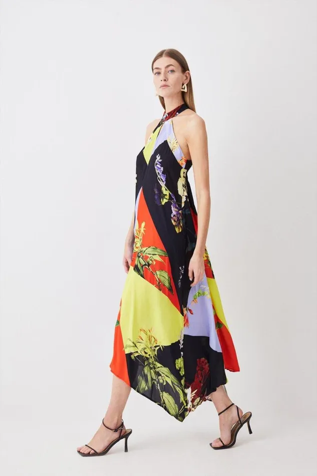 Colour Block Floral Halter Neck Woven Midi Dress Multi Women Karen Millen Dresses