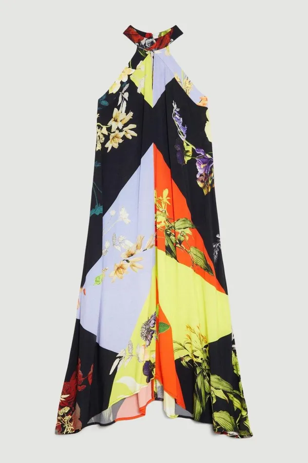 Colour Block Floral Halter Neck Woven Midi Dress Multi Women Karen Millen Dresses