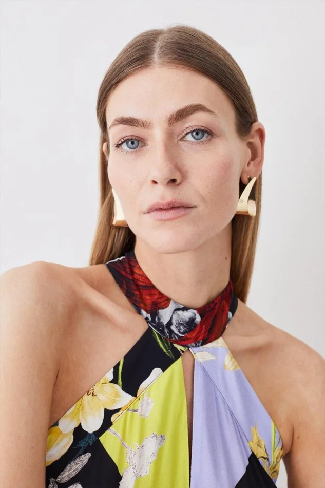 Colour Block Floral Halter Neck Woven Midi Dress Multi Women Karen Millen Dresses