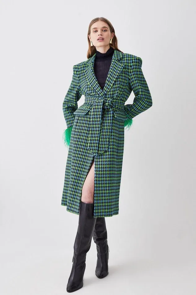 Colourpop Tweed Feather Cuff Tailored Coat Green Women Karen Millen Coats and Jackets