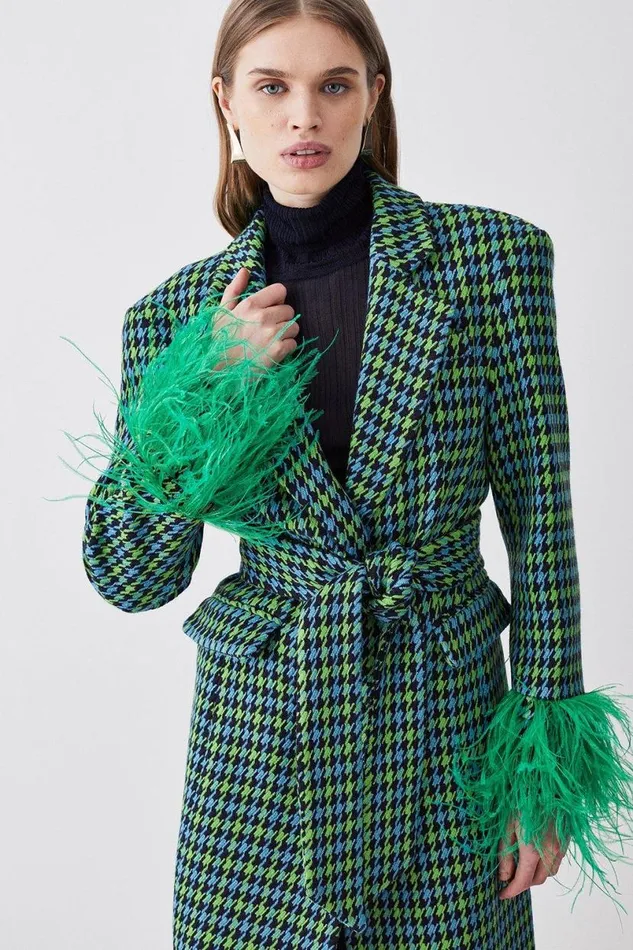 Colourpop Tweed Feather Cuff Tailored Coat Green Women Karen Millen Coats and Jackets