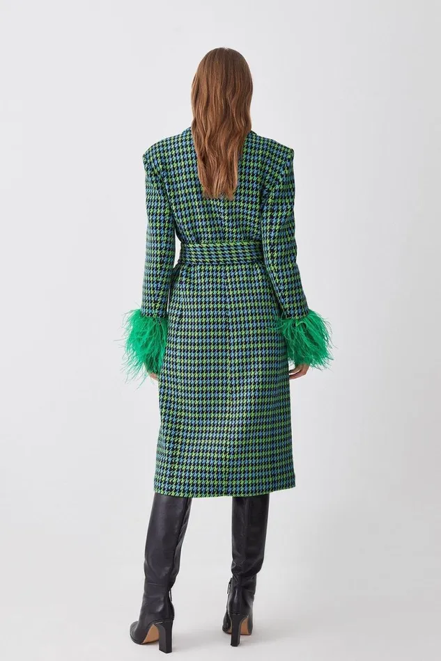 Colourpop Tweed Feather Cuff Tailored Coat Green Women Karen Millen Coats and Jackets