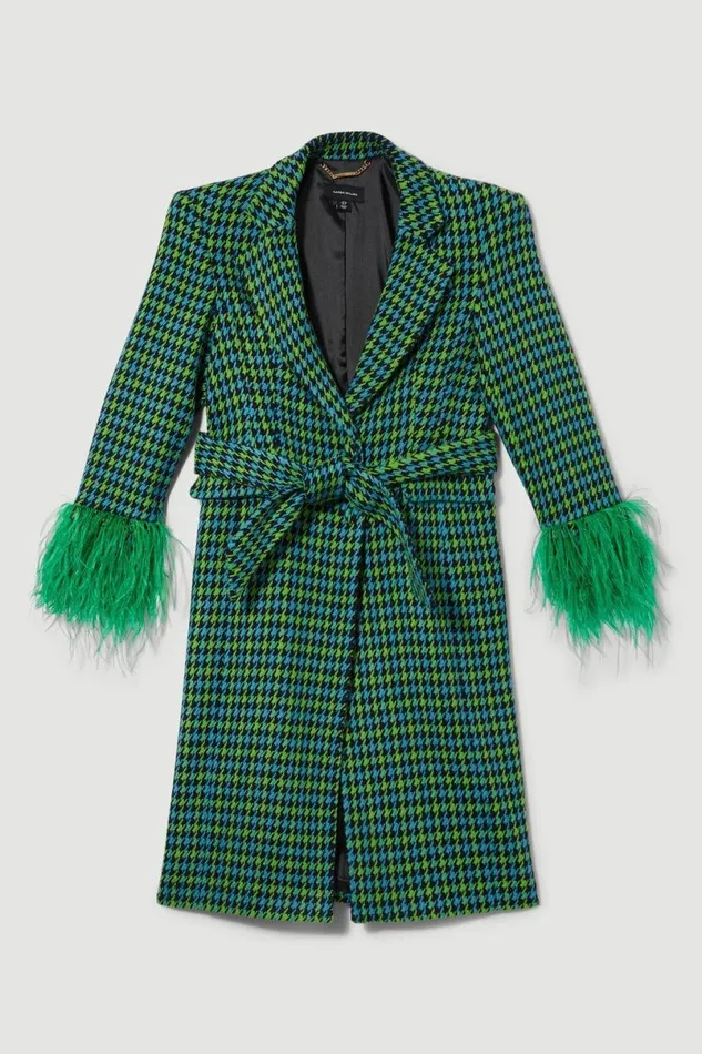 Colourpop Tweed Feather Cuff Tailored Coat Green Women Karen Millen Coats and Jackets