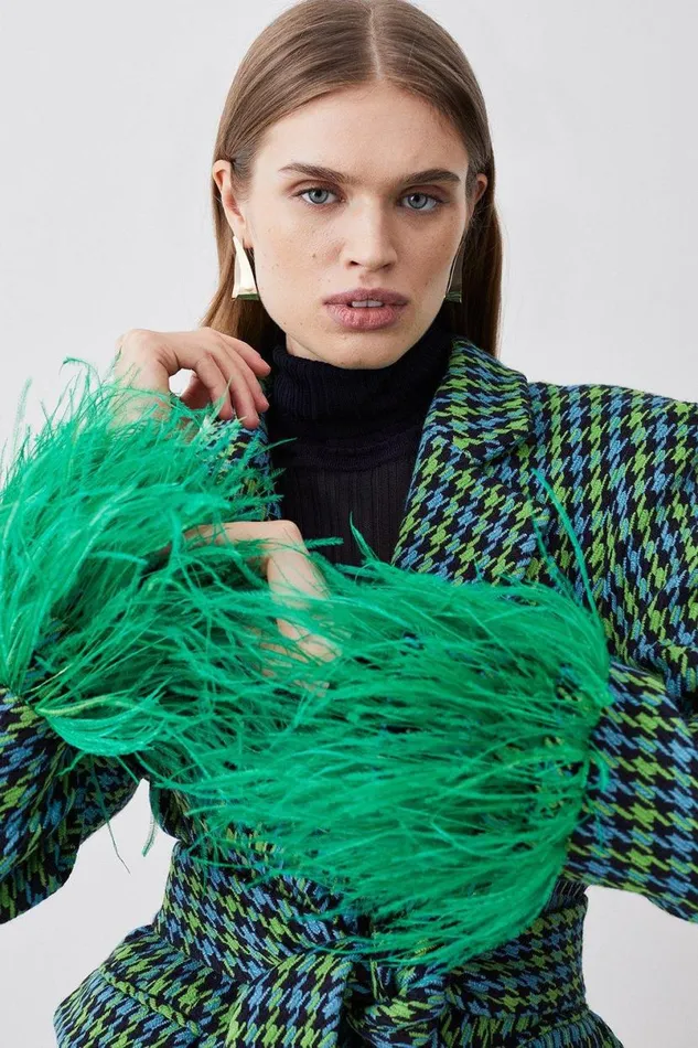 Colourpop Tweed Feather Cuff Tailored Coat Green Women Karen Millen Coats and Jackets