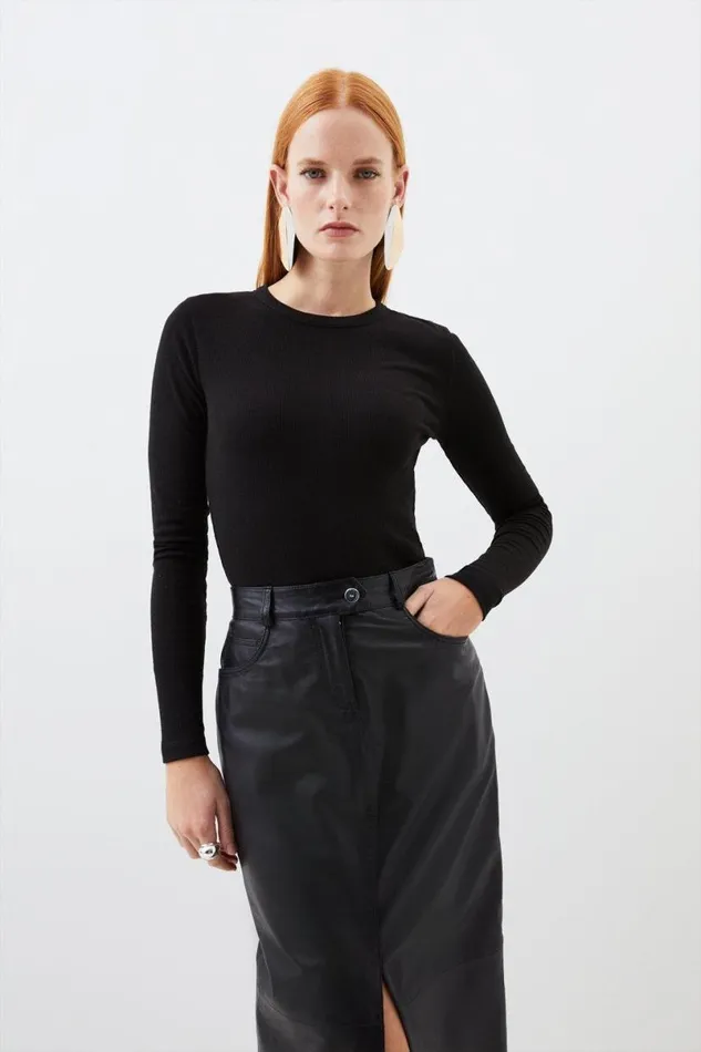 Compact Jersey Long Sleeve Ribbed Top Black Women Karen Millen Tops
