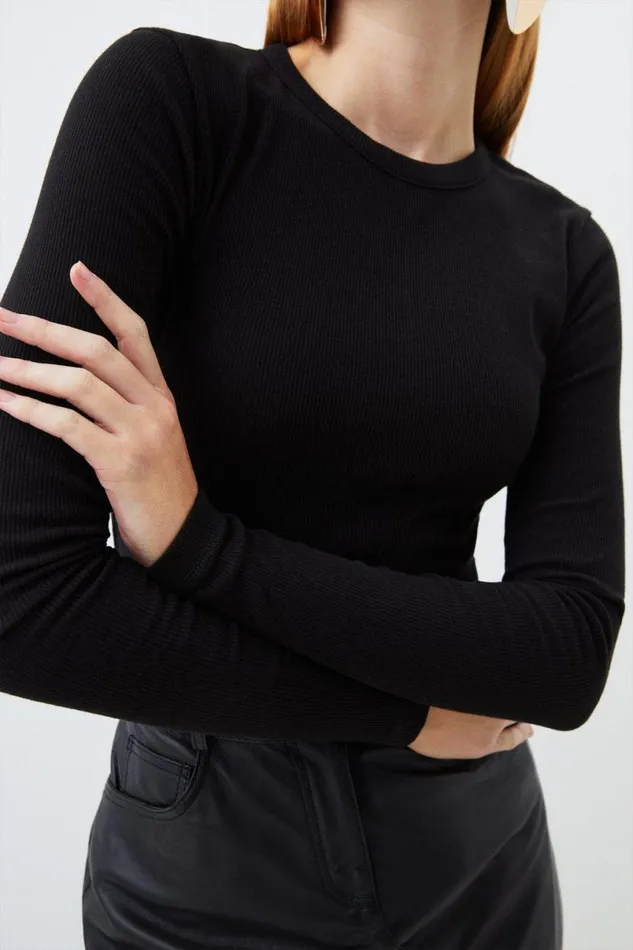 Compact Jersey Long Sleeve Ribbed Top Black Women Karen Millen Tops