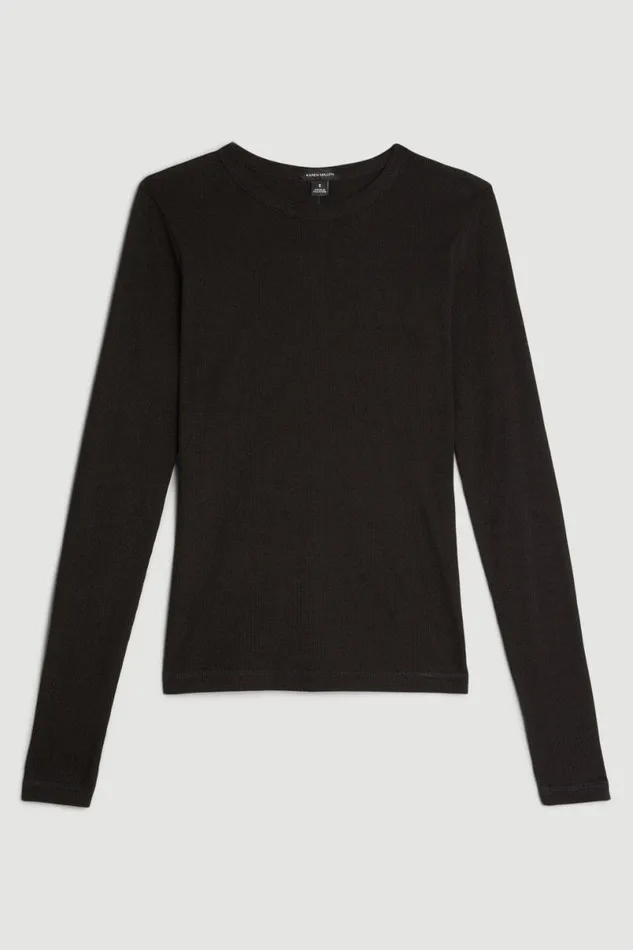 Compact Jersey Long Sleeve Ribbed Top Black Women Karen Millen Tops