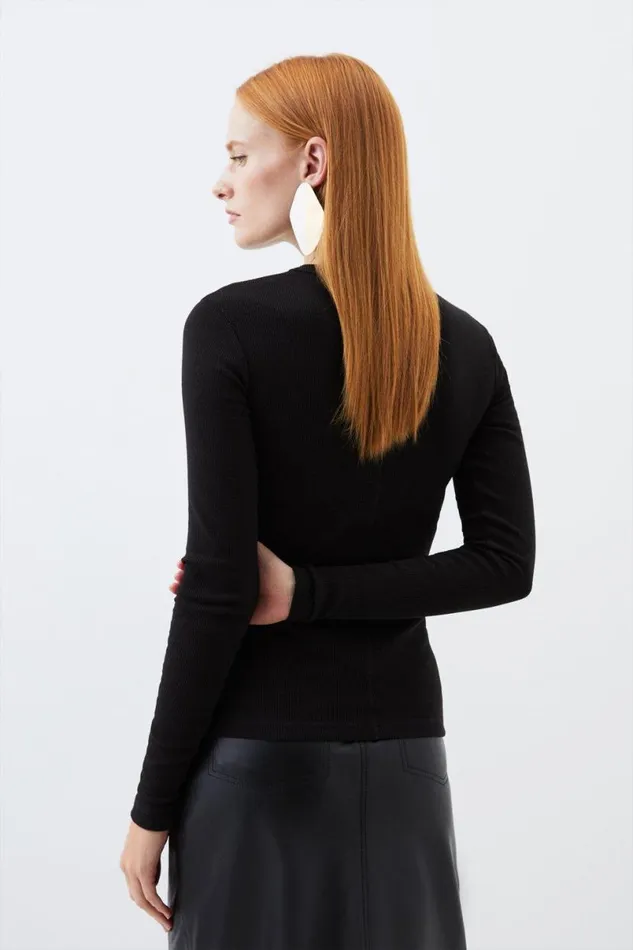 Compact Jersey Long Sleeve Ribbed Top Black Women Karen Millen Tops