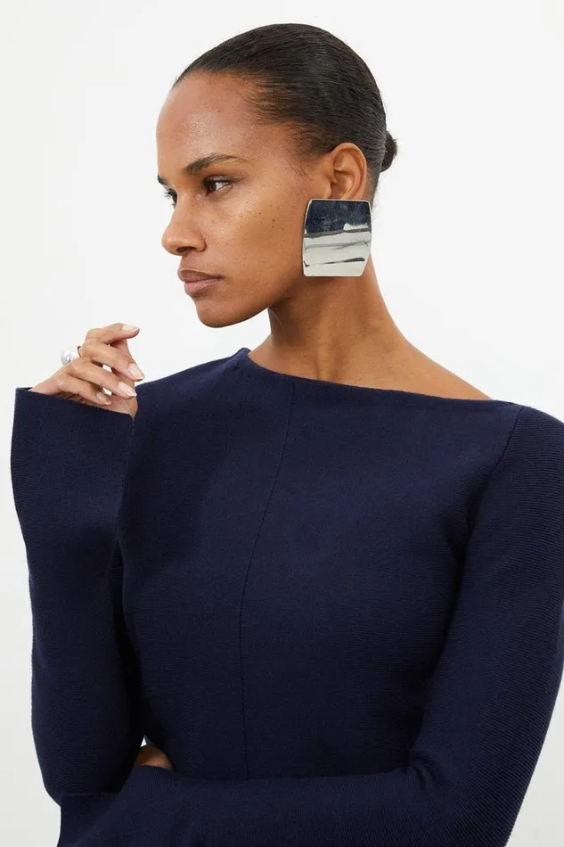 Compact Knit Wool Look Drop Shoulder Top Navy Women Karen Millen Tops