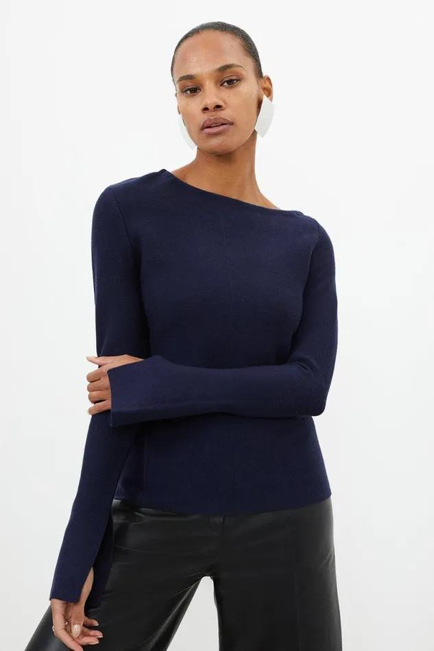 Compact Knit Wool Look Drop Shoulder Top Navy Women Karen Millen Tops