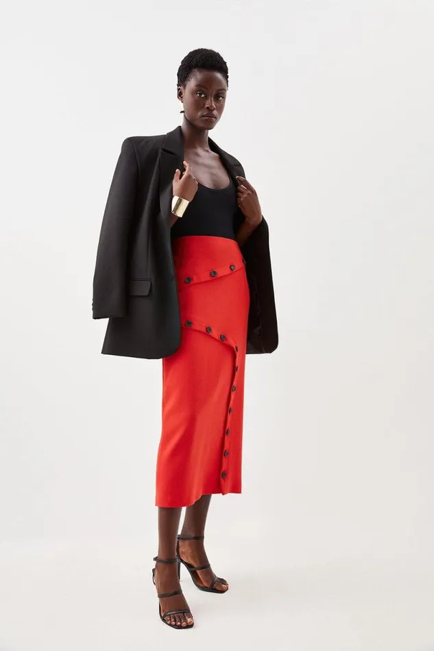 Compact Stretch Asymmetric Button Midi Skirt Red Women Karen Millen Skirts
