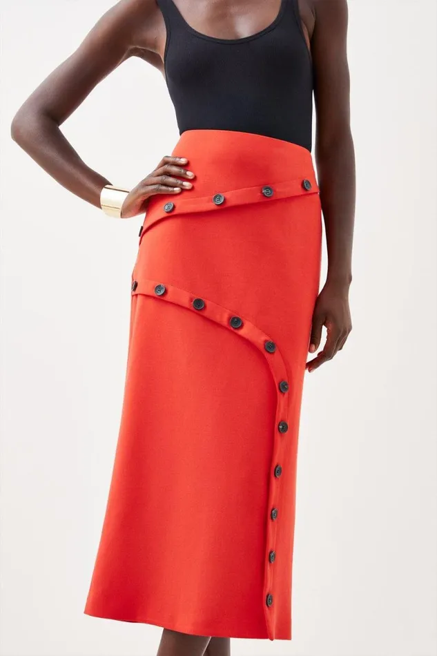 Compact Stretch Asymmetric Button Midi Skirt Red Women Karen Millen Skirts