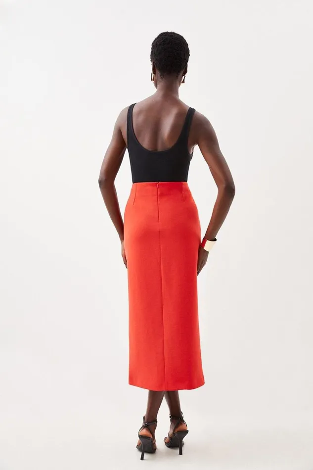 Compact Stretch Asymmetric Button Midi Skirt Red Women Karen Millen Skirts