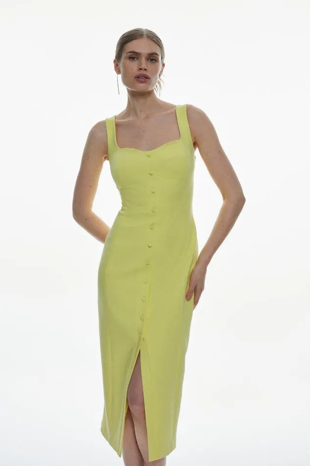 Compact Stretch Button Detail Strappy Column Dress Lemon Women Karen Millen Dresses