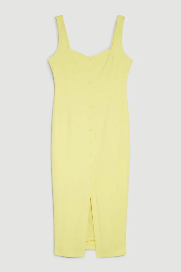 Compact Stretch Button Detail Strappy Column Dress Lemon Women Karen Millen Dresses